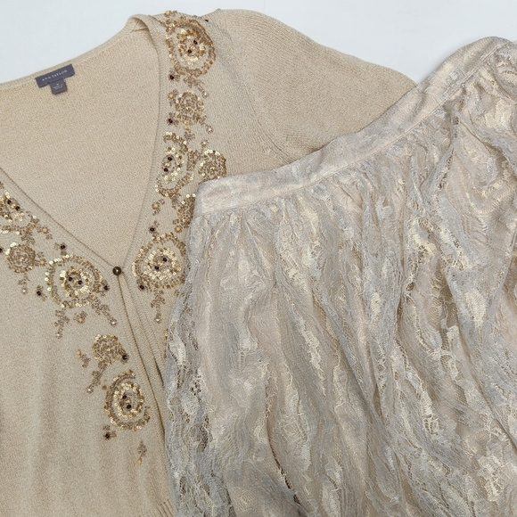 Ann Taylor Button Front Tan Silk Rayon Blend Embellished Cardigan- Women's Med - Picture 7 of 7